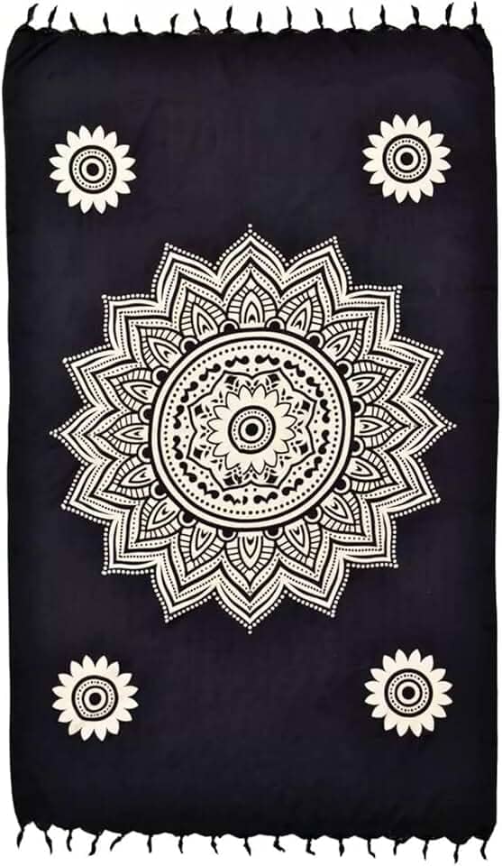 Canga de Praia Mandala, Saída de Piscina, Estampa Floral Preta e Branca com Franjas