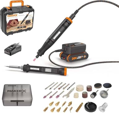 Kit Maker X Worx WX988 – Micro Retífica 20V + Ferro de Soldar com Display Digital, Motor Brushless, 35.000 rpm, 480°C, Bateria, Carregador, HUB e Maleta Completa