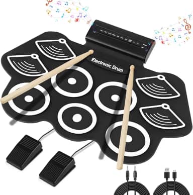 Bateria Eletrônica Instrumento Musical Portátil de Silicone Preto com 9 Pads, Pedais, Baquetas, MIDI Ideal para Crianças, iniciantes, Músicos, Prática Musical em Casa