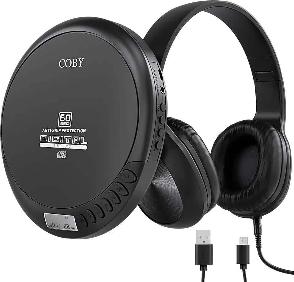 Coby Cd Player Portátil Com Reprodução De Mp3 E Rádio Fm, Compact Discman Anti-Skip 60 Segundos, Inclui Fones Ouvido Dobráveis, Carro Viagem Para Uso Doméstico Ou Em Movimento