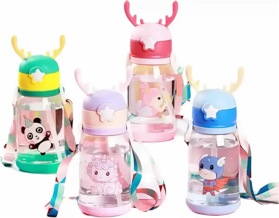 Garrafa Infantil Água Alce Fofa com Canudo com Alça Ideal Para Escola e Passeios Portátil Antivazamento Hidratação Segura Crianças (Azul)