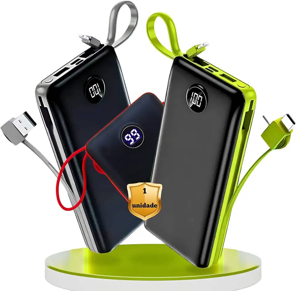 Carregador Portátil Power Bank 20.000mah Universal com Cabos Premium, para Celular, Tablet, Fone de Ouvido e Caixa de Som (Preto)