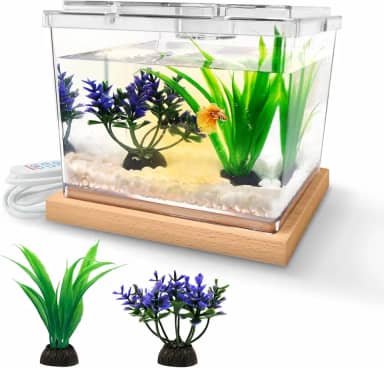 MoonOrange Kit de aquário Mini Betta com base de luz LED, aquário pequeno para espaço temporário, tanque de cubo empilhável de 2 litros com plantas artificiais para peixes pequenos, insetos, camarões,