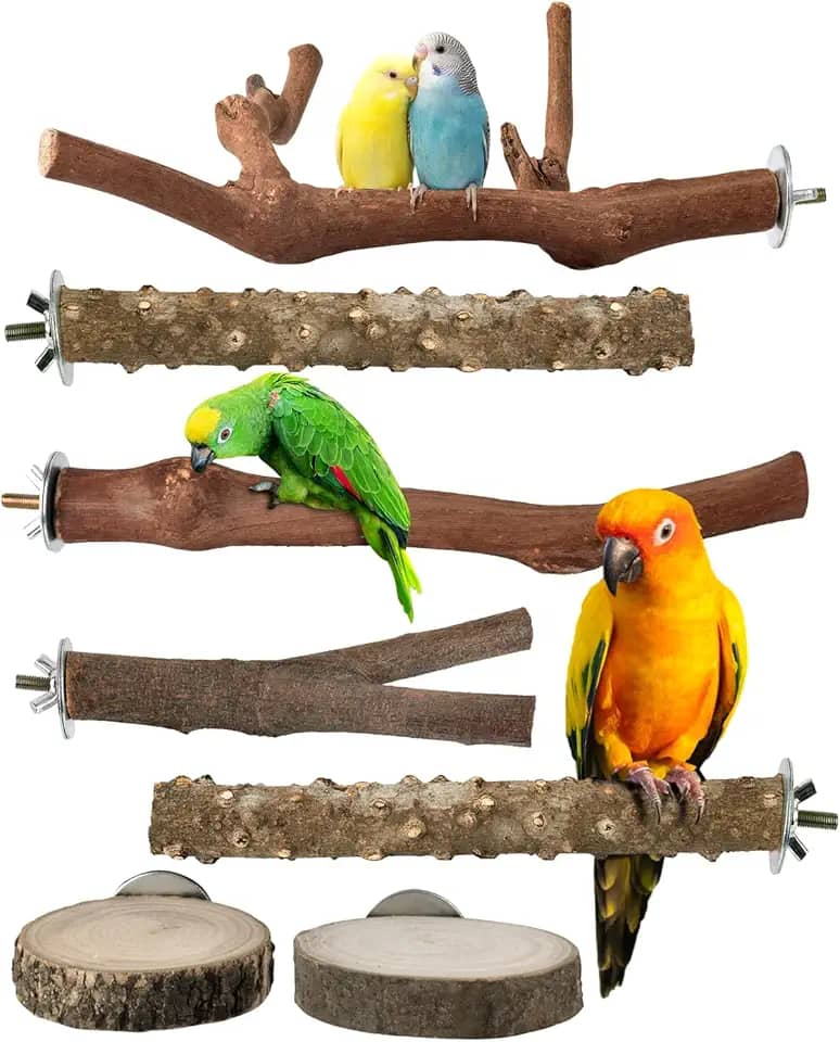Bissap Suporte para poleiro de pássaro 7 peças, poste de madeira de uva natural, gaiola de papagaio, ramo de pata, garfo de moagem, plataforma de periquito, rede para conures, periquitos, te