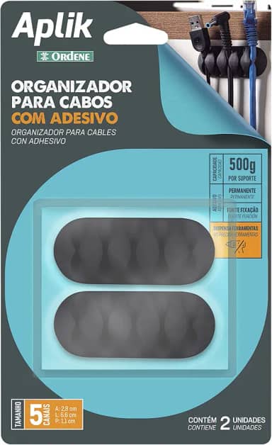 Ordene - Organizador para Cabos Emborrachado para até 5 Cabos, com Adesivo, Cor Preta, Linha Aplik