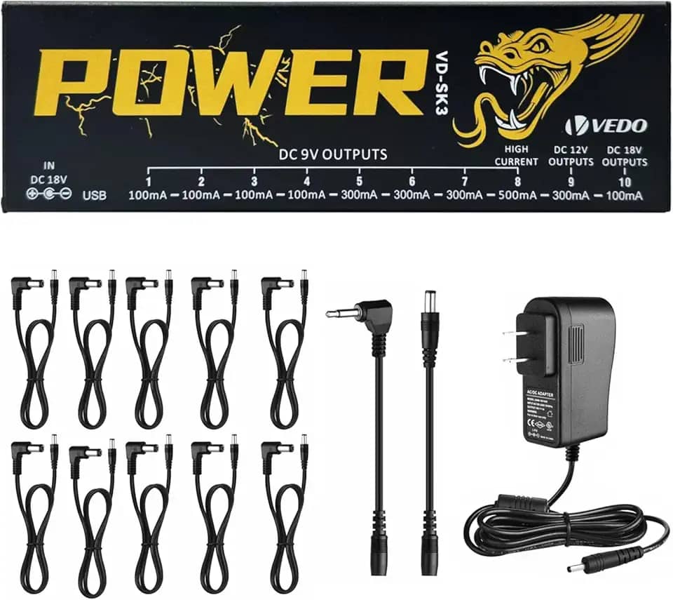 VEDO VD-SK3 Fonte de Alimentação para Pedal de Efeito de Guitarra com 10 Saídas Isoladas (9V, 12V, 18V) Proteção contra Curto-Circuito e Sobrecorrente - Fonte Estável para Pedais de Guitarra 110V-240V