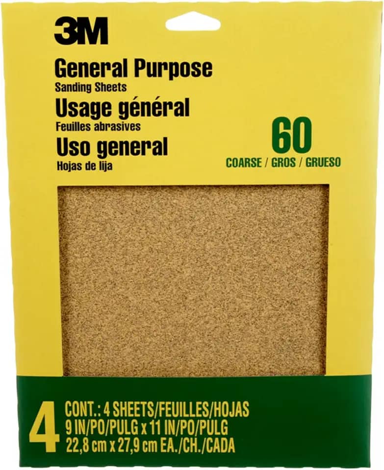 3M Lixa, grão 60, 4 folhas, 23 x 28 cm, tinta de areia, madeira e metal, ótimo para lixamento de uso geral, papel de areia de óxido de alumínio grosso (9003NA-20)