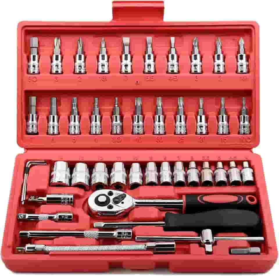 Jogo de Soquete Kit com 46 peças Ferramentas Chave Catraca Conjunto de Soquetes Métricos Sextavadas Chave Allen Torx e Barra de Extensão Reparos Automotivos e Domésticos Premium
