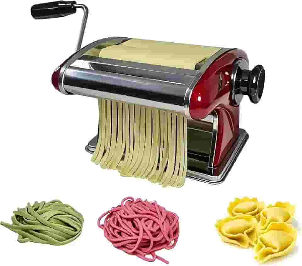 Máquina de macarrão manual de aço inoxidável com lâminas de corte de 2 mm e 4 mm - Máquina de macarrão com manivela durável para macarrão caseiro