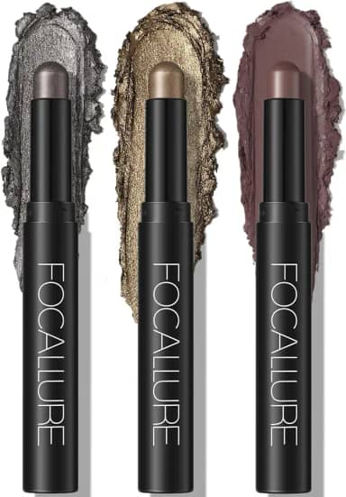 FOCALLURE Conjunto de 3 peças de creme, iluminador de olhos fosco e brilhante, lápis à prova de vincos de alta pigmentação, maquiagem iluminadora de sombra de olhos de longa duração, luar enterrado