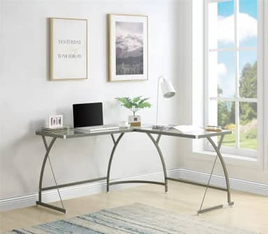 Escrivaninha de vidro em forma de L, mesa de console de escritório doméstico com moldura de metal, mesa de estudo, mesa de computador, penteadeira de maquiagem, estação de trabalho para pequenos