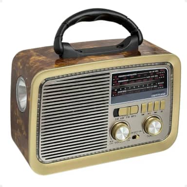 Rádio Am Fm Retro Vintage Recarregável Bivolt Pilha Tomada e Bateria Lanterna (Marrom madeira)