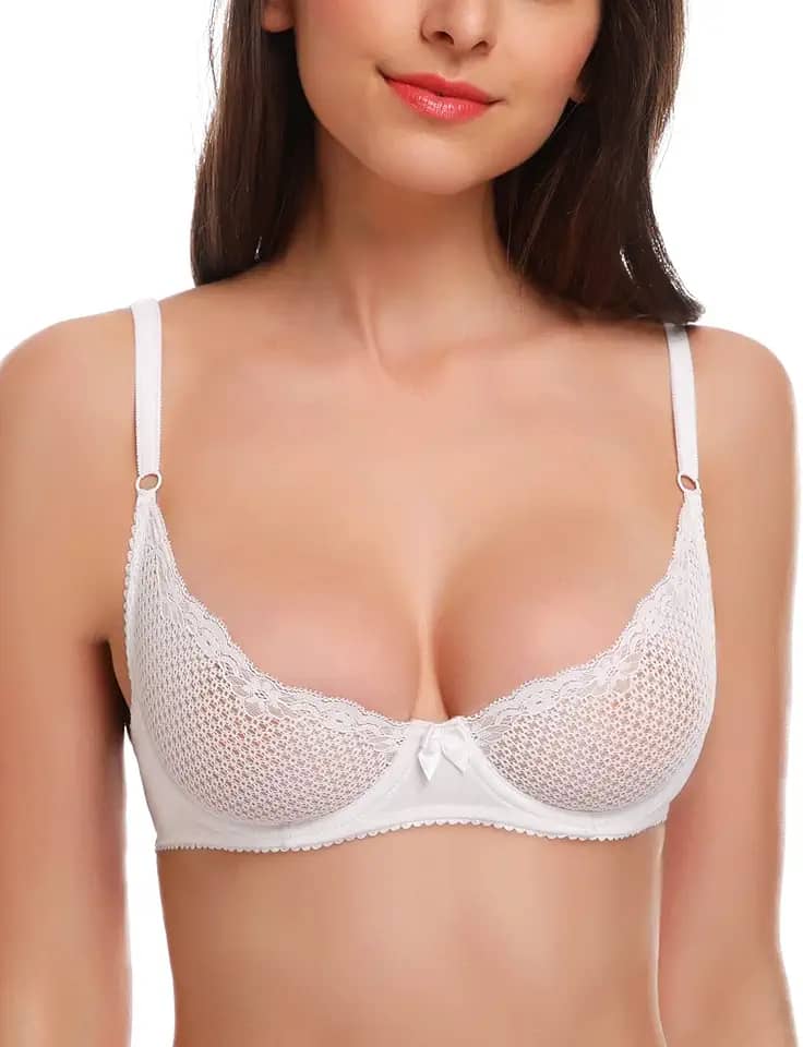 Sutiã feminino sexy de renda 1/2 xícara de malha balconette sutiã com aro sem forro sutiã transparente, Branco, 34B
