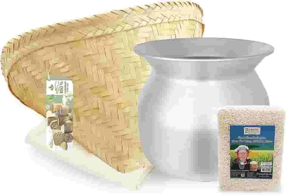 PANWA Conjunto essencial de arroz pegajoso para iniciantes - inclui panela a vapor, cesta de asa de bambu artesanal, gaze de grau 90 de 61 cm e 500 g de arroz pegajoso Sanpatong