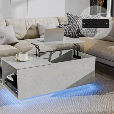 HOMMPA Mesa de centro de LED com estação de carregamento, mesa de jantar com compartimento oculto para armazenamento, mesa central elevatória moderna com luz de LED, mesa de chá para sala de estar,