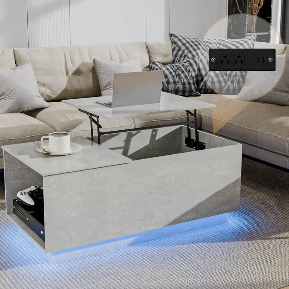 HOMMPA Mesa de centro de LED com estação de carregamento, mesa de jantar com compartimento oculto para armazenamento, mesa central elevatória moderna com luz de LED, mesa de chá para sala de estar,