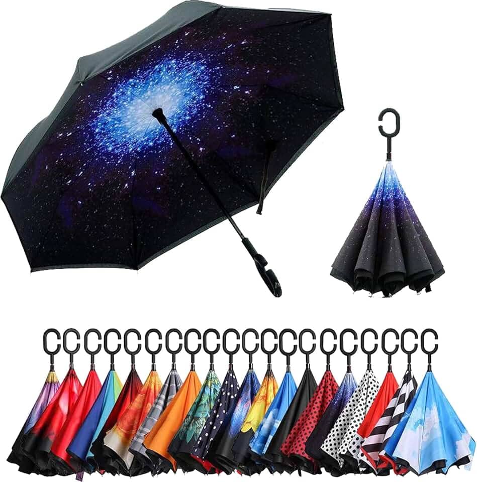 Guarda-chuva invertido de camada dupla NC Saa com alça em forma de C, guarda-chuva reto à prova de vento à prova d'água anti-UV para uso externo chuva de carro (céu estrelado/preto)