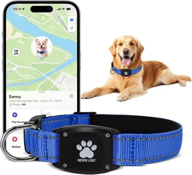 Rastreador GPS 2 em 1 para cães, coleira inteligente refletiva à prova d'água – sem taxas mensais, alcance ilimitado, compatível com Apple Find My (apenas iOS) e ideal para cães pequenos, médios e