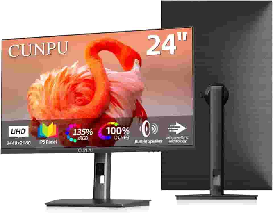CUNPU Monitor de computador 4K de 24 polegadas, painel IPS UHD (3840 x 2160) para edição de foto e vídeo, ΔE < 2, 185PPI, DCI-P3 100%, 1,07B + cores, HDR10, VESA, altura ajustável, vertical