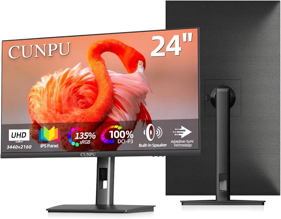CUNPU Monitor de computador 4K de 24 polegadas, painel IPS UHD (3840 x 2160) para edição de foto e vídeo, ΔE < 2, 185PPI, DCI-P3 100%, 1,07B + cores, HDR10, VESA, altura ajustável, vertical