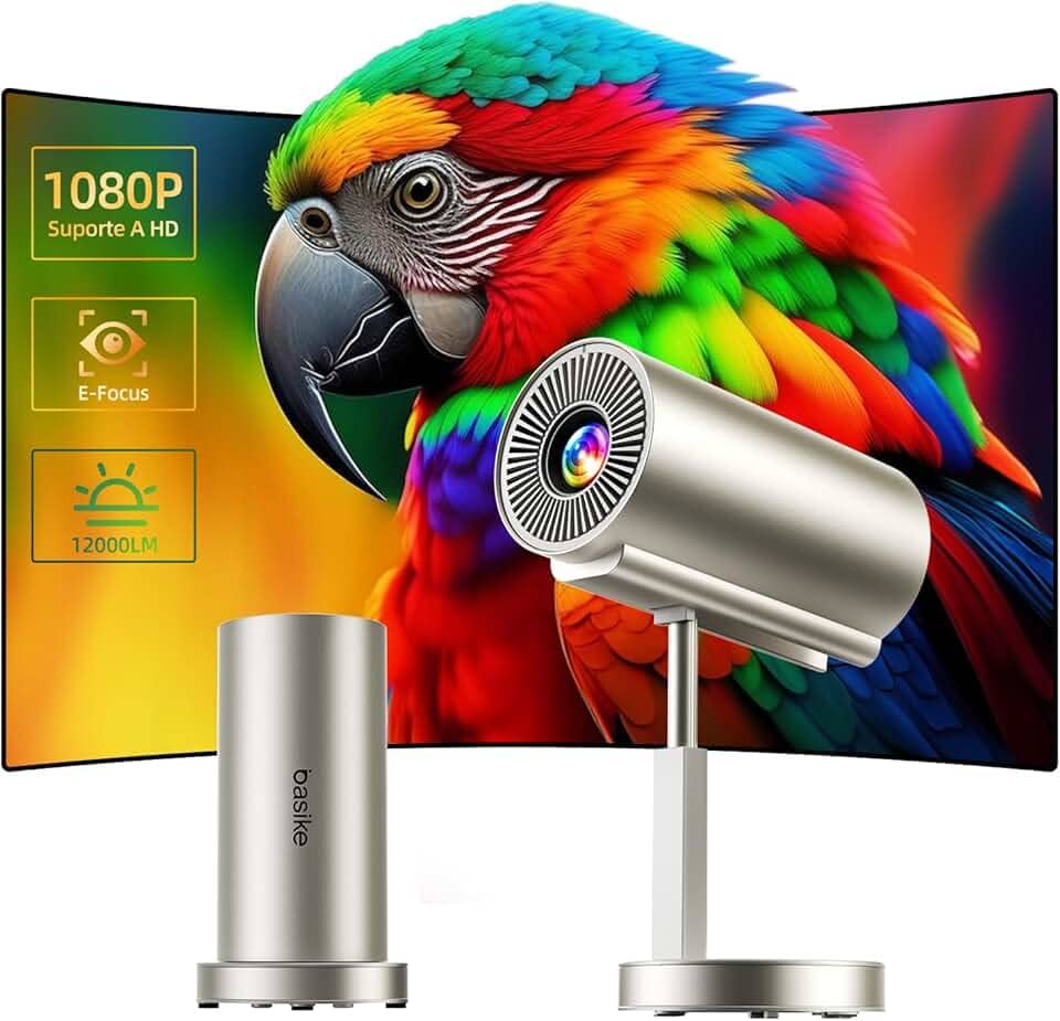 Basike Mini Projetor Portatil, 4K 1080P Full HD, 5G WIFI 6 BT 5.0 Android 11, 12000 Lumens, Led Auto de Correcção Trapezóide Horizontal, 90°Girável Ajuste Telescópico de Altura (Ouro Champagen)