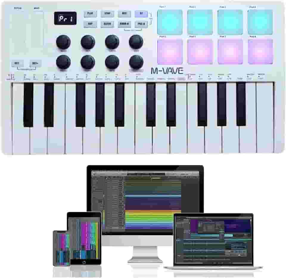 M-VAVE Teclado controlador 25 teclas USB MIDI com 8 pads de bateria retroiluminados, teclado dinâmico profissional semipesado Bluetooth, 8 botões e produção musical, software incluído (branco)