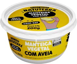 Manteiga Vegana de Aveia Natuterra 200g. Sem lactose, livre de nuts, plant-based. Cremosa, ideal para espalhar, refogar e cozinhar. Textura perfeita e saborosa.