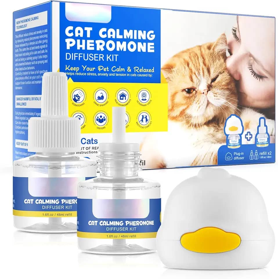 Difusor de feromônio calmante para gatos, kit difusor calmante aprimorado para alívio da ansiedade de gatos, kit iniciante calmante 2 em 1 (cabeça difusora + frasco de 48 ml) para uso por 30