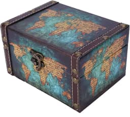 Leopacat Caixa de Armazenamento de Madeira, Baú do Tesouro, Mapa-Múndi Estilo Europeu Vintage, Tesouro, Organizador Retrô Feito à Mão com Tampa para Decoração de Casa, Exibição Vitoriana Grande