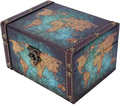 Leopacat Caixa de Armazenamento de Madeira, Baú do Tesouro, Mapa-Múndi Estilo Europeu Vintage, Tesouro, Organizador Retrô Feito à Mão com Tampa para Decoração de Casa, Exibição Vitoriana Grande