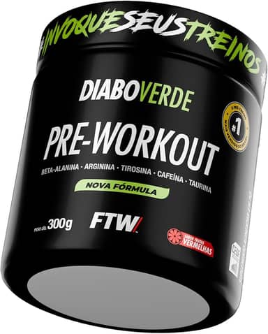 FTW Pré-Treino Diabo Verde em Pó com Cafeína, Aminoácidos Beta‑Alanina e Arginina para Treinos e Atividades Físicas - Pote 300 g (Frutas Vermelhas)