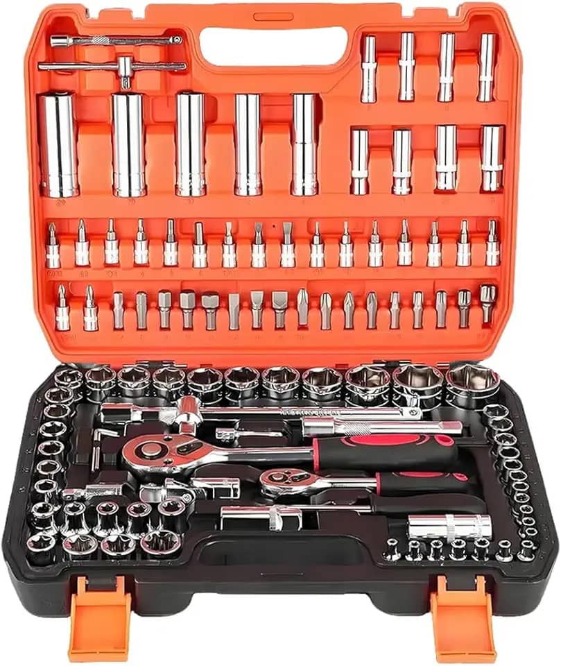Kit 108 Peças de Soquetes com Catraca Reversível 1/2, Jogo Completo de Ferramentas em Aço Resistente, para Uso Profissional e Doméstico com Caixa Organizadora
