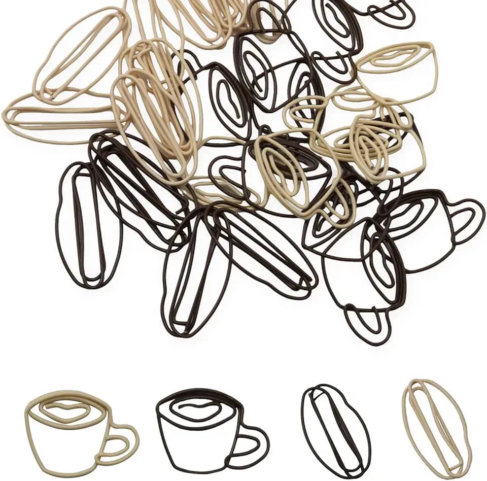XGNG Conjunto de clipes de papel em forma de xícara de café, 40 peças, clipes de marcador de página em forma de grão de café, branco, marrom, clipes criativos de metal para decoração de cartões de