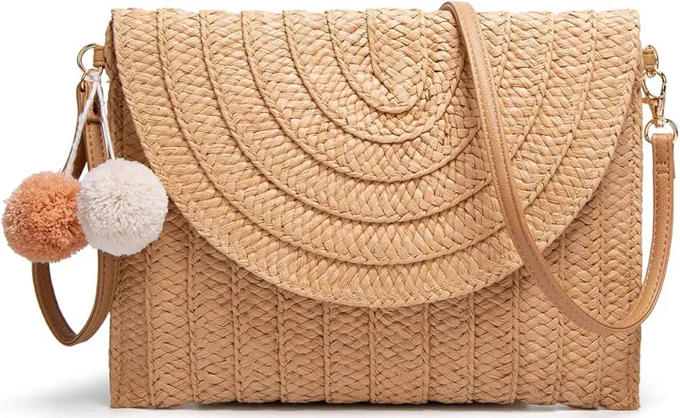 Bolsa de ombro de palha clutch feminina de palha tecido à mão pompom palha bolsa transversal verão praia envelope bolsa carteira