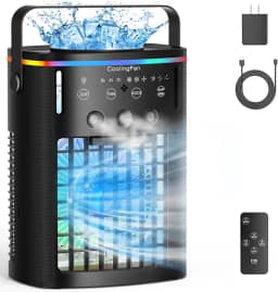 Ar Condicionado Portátil, Mini Ar Condicionado Portátil com Controle Remoto, 3 Velocidades e 3 Névoas, Temporizador 2-8H e Refrigerador de Ar Evaporativo de 7 Luzes, Ventilador de Ar