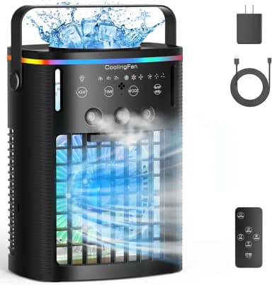 Ar Condicionado Portátil, Mini Ar Condicionado Portátil com Controle Remoto, 3 Velocidades e 3 Névoas, Temporizador 2-8H e Refrigerador de Ar Evaporativo de 7 Luzes, Ventilador de Ar