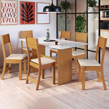 Conjunto Sala de Jantar 1 Mesa 6 Cadeiras Viena Indekes Freijó/Off White/Linho