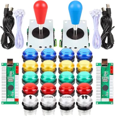Fosiya Kit de Botões LED Arcade Joystick Elipse Estilo Oval 8 Maneiras Joystick + 20 x Botões LED Arcade para 2 Jogadores Videogames Controladores Padrão Todos os Windows PC MAME Raspberry Pi