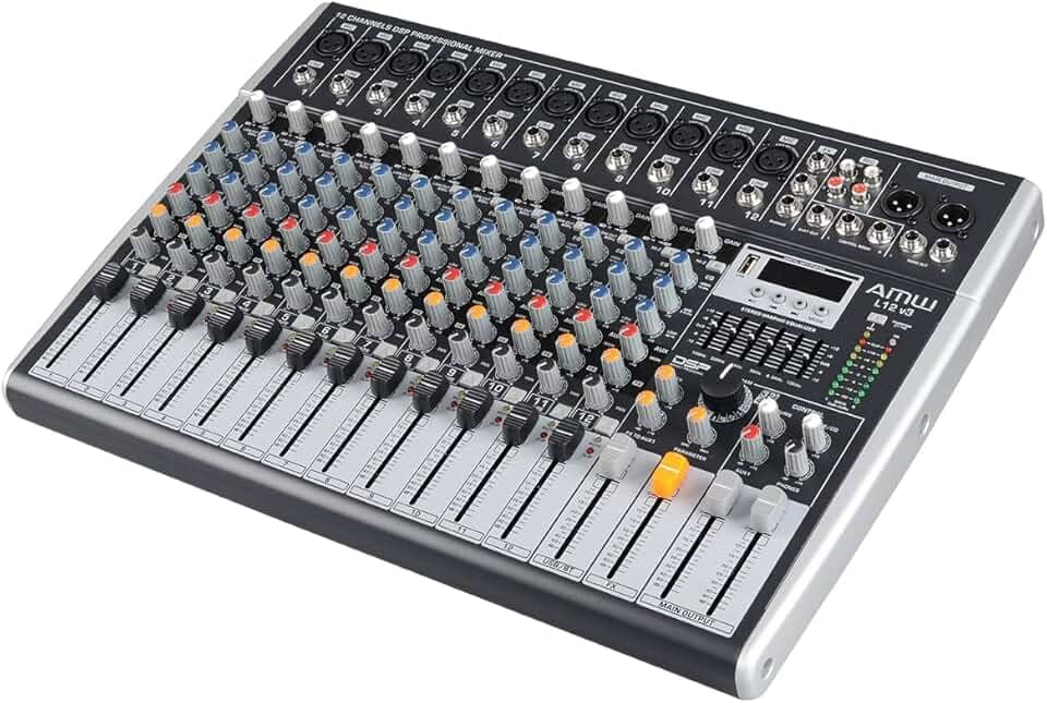 AMW L12 v3 Mesa de Som Analógica 12 canais Efeitos Efx DSP Mute Hi-Z Low Cut Player com Interface de áudio