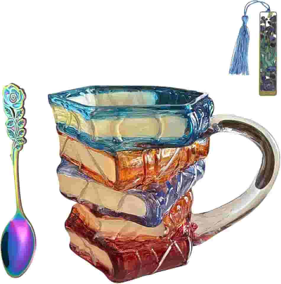Caneca de livro pintada 3D feita à mão com colher e marcador de livro de metal, novidade, vitral, livros, empilhar, xícara de café, vidro, presentes engraçados para amantes de livros e leitores