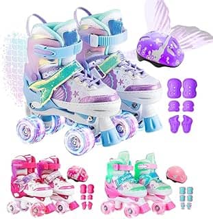 Patins Infantil 4 Rodas Ajustável Rodinha Led Sereia + Kit Proteção