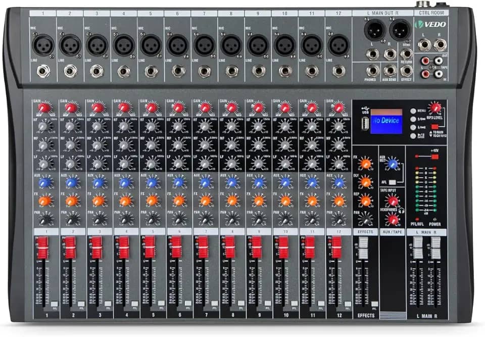 VDA212L Mesa de som 12 canals, Small Stage Bluetooth USB MP3, entrada 48V Phantom Power DJ Audio Network Karaoke Mobile Live High Power Mixer Professional 12 Channel Studio Audio Mixer 110V/220V
