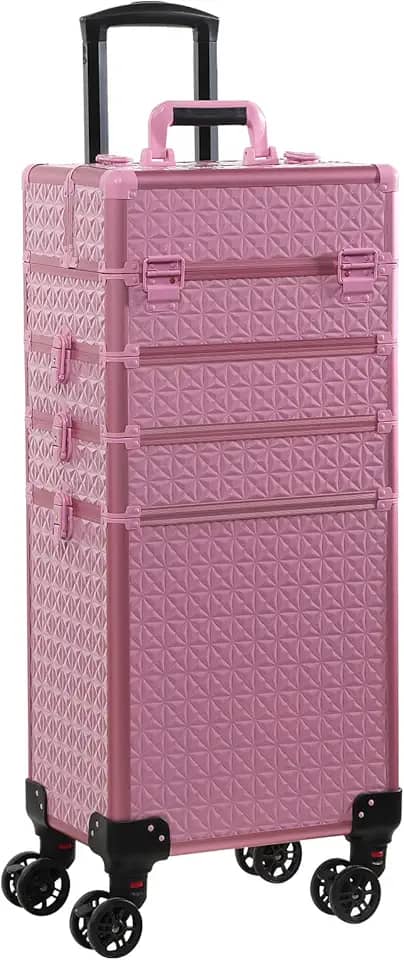 Estojo de trem com rodinhas 4 em 1 portátil para maquiagem organizador de cosméticos profissional estojo de viagem Trolley Cart Trunk, rosa, Central Hardside Mala expansível com rodas giratórias