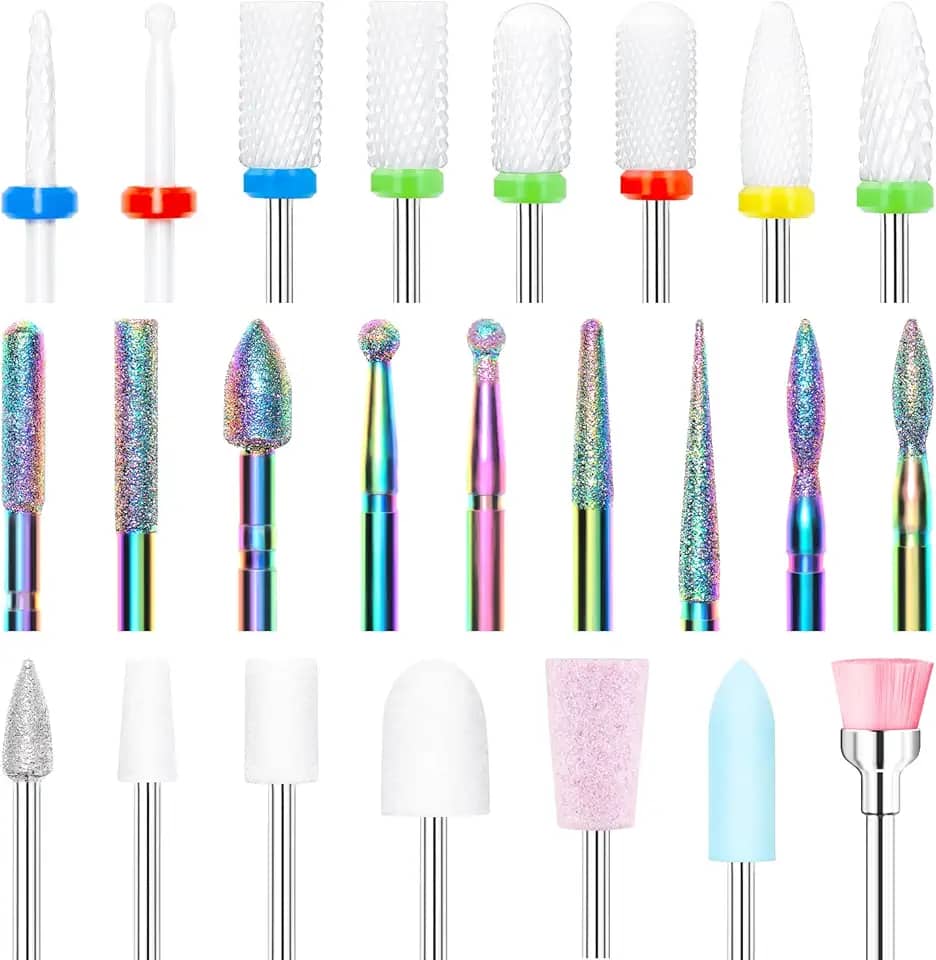 modelones Conjunto de Brocas para Unhas de 24 Unidades, Brocas para Unhas de Carboneto de Diamante Cerâmico de 3/32”, Kit de Brocas para Unhas de Gel Acrílico, Brocas Removedoras de Cutículas para Pó de Imersão Em Gel Acrílico, Manicure e Pedicure