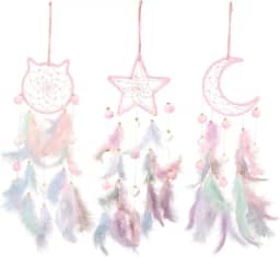 3 peças Apanhador de Sonhos Lua Cabeça de Gato Design de Estrela Feito à Mão Design Tradicional Artesanato Arte de Parede Decoração de Casa Quarto Casamento (Rosa Sonhador, Estilo Bonito)