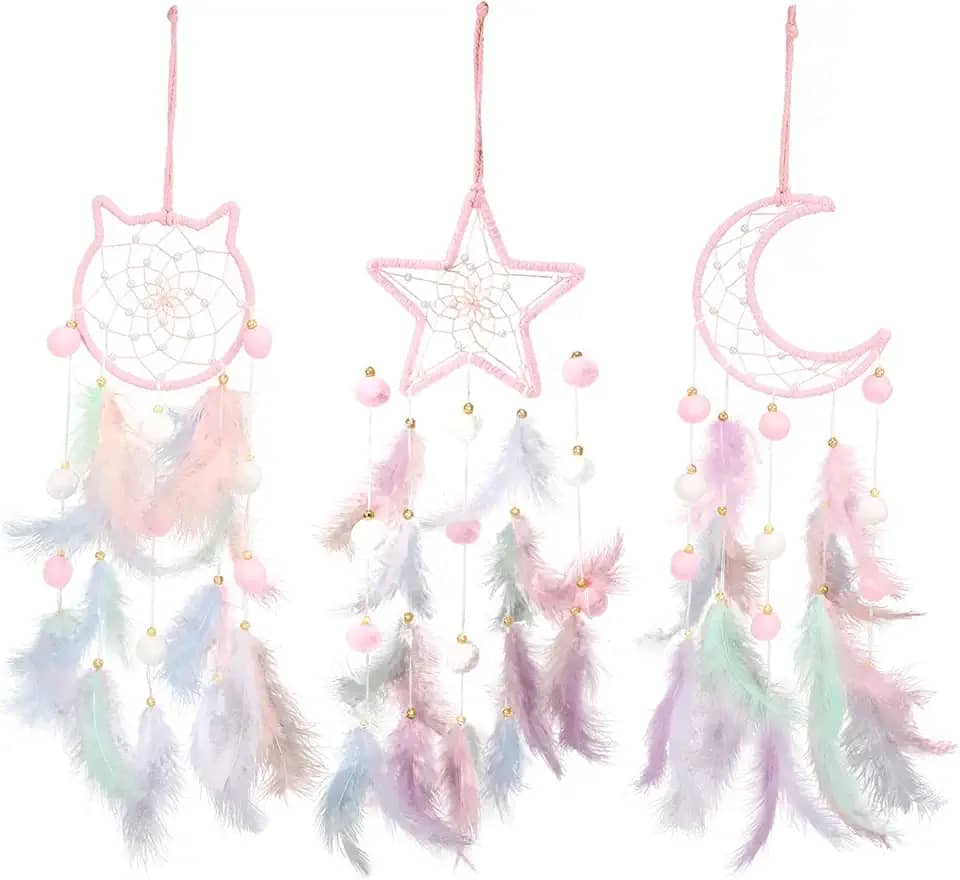 3 peças Apanhador de Sonhos Lua Cabeça de Gato Design de Estrela Feito à Mão Design Tradicional Artesanato Arte de Parede Decoração de Casa Quarto Casamento (Rosa Sonhador, Estilo Bonito)