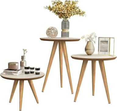 Conjunto 3 Mesas Lateral Canto Apoio Centro Sala Redonda Tripé (Off White Freijó)