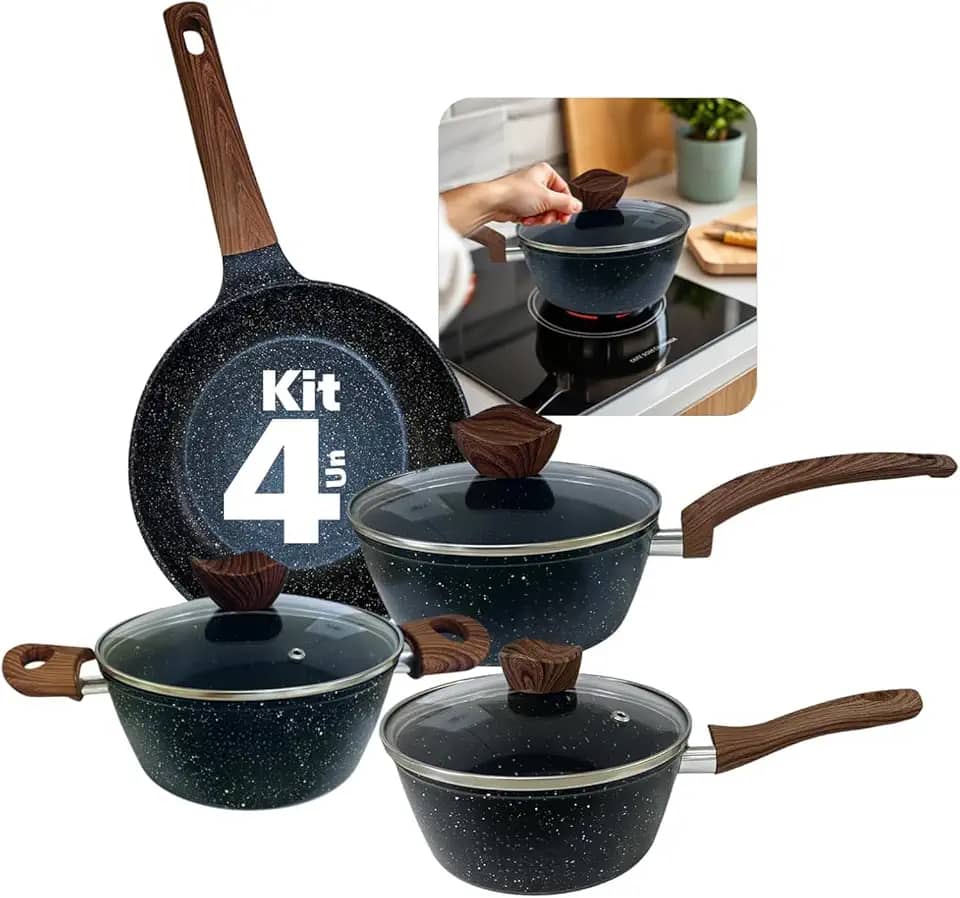 Conjunto Panelas Antiaderente 4 Peças com Tampa de Vidro – Fundo Triplo de Indução, Revestimento Stone, Preto
