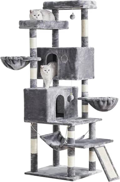 Árvore de gato para gatos grandes e adultos, torre de gatos de vários níveis com hastes de sisal para arranhar, grandes poleiros de pelúcia, condomínios espaçosos, cestos, rede e escada de raspagem