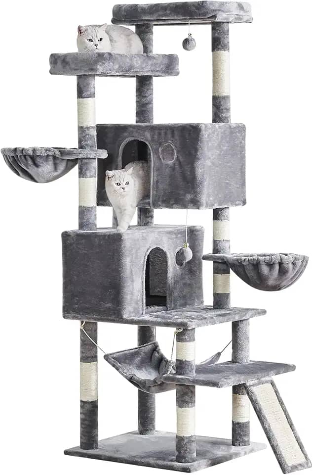 Árvore de gato para gatos grandes e adultos, torre de gatos de vários níveis com hastes de sisal para arranhar, grandes poleiros de pelúcia, condomínios espaçosos, cestos, rede e escada de raspagem